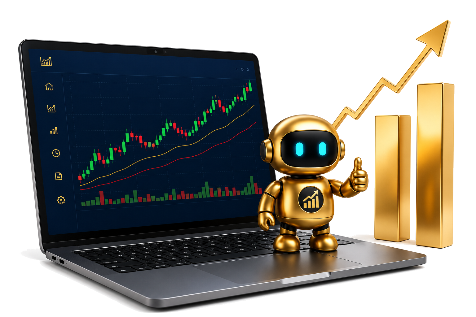 غولدي، تميمة Scalping Room، بجانب لابتوب يعرض لوحة تداول آلي صاعدة