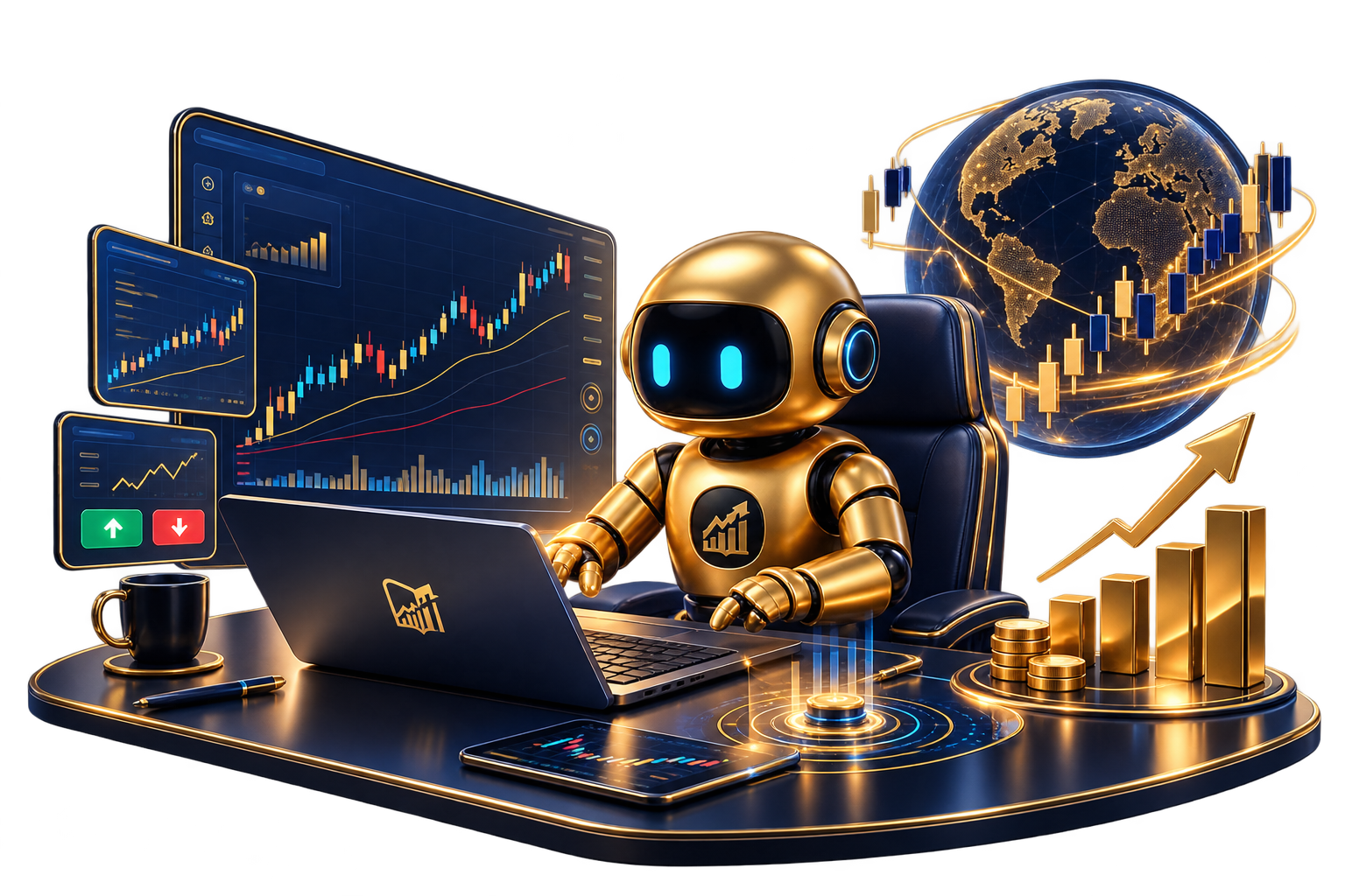 غولدي يراقب لوحة تداول آلي بعدة شاشات وبيانات سوقية